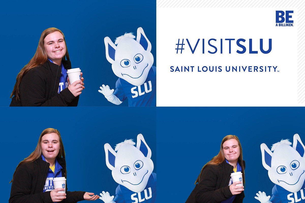 SamPetera's tweet photo. It's fair to say that we had a lot of fun with the photo boot at SLU! (Even though Emily was wearing a green sweatshirt) #visitslu https://t.co/wGnyDFxEDA