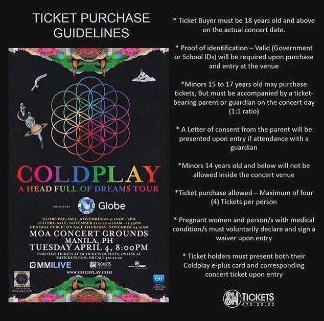 ColdplayPHL's tweet photo. Public ticket selling for #ColdplayManila starts TOMORROW at 10am. Available at all @smtickets outlets nationwide &amp; https://t.co/OzCa2DCesa https://t.co/hHqHpPhZCq