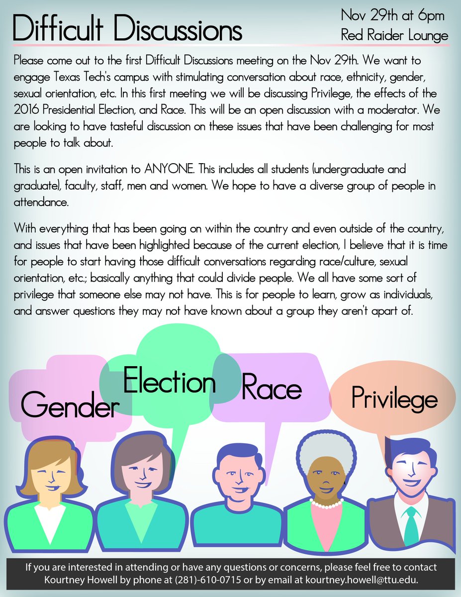 TTUWGS's tweet photo. Join the 1st student led #DifficultDiscussion @TexasTech, Nov 29th. https://t.co/M8jN1o8eN9