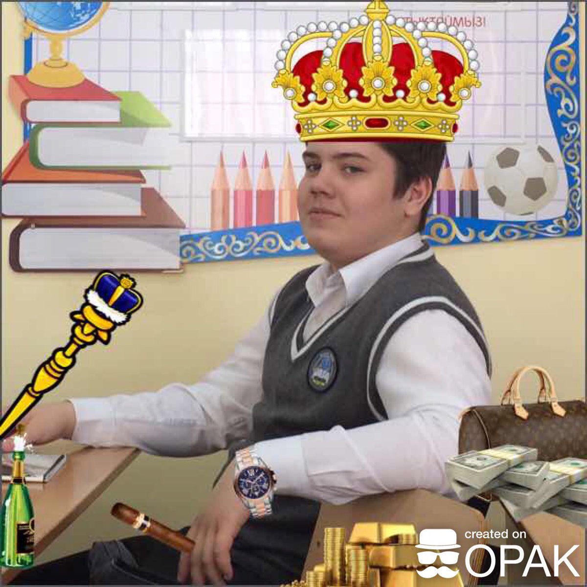 opakapp's tweet photo. Edited on Opak for iOS 👑🍾 #opakapp #king #money #gold #rolex #cigar #champagne #stickers #school #photoediting #appstore https://t.co/BMXoqDoxxe