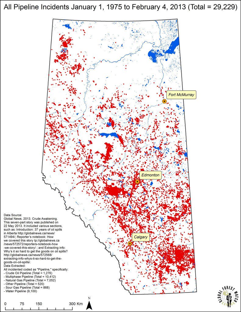 Map of 29,229 reported spills that happened from Alberta pipelines. They average 2 a day. Reject #KinderMorgan. #cdnpoli #bcpoli #StopKM