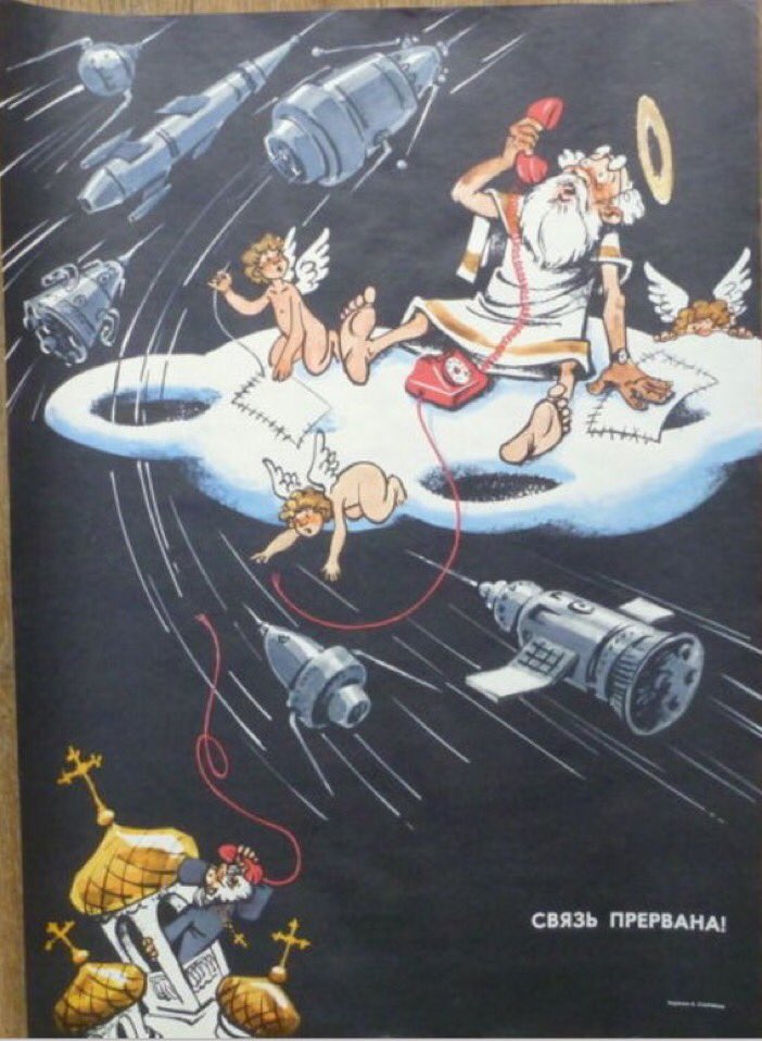"Bağlantı koptu!" Din aleyhtarı Sovyet propaganda posteri.