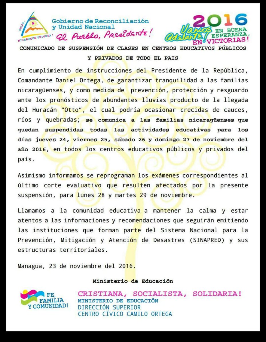 redChdga's tweet photo. Actividades educativas en #Nicaragua quedan suspendidas del 24 al 27  Noviembre, según el comunicado emitido por el @minednicaragua https://t.co/8PPnf1ml2f