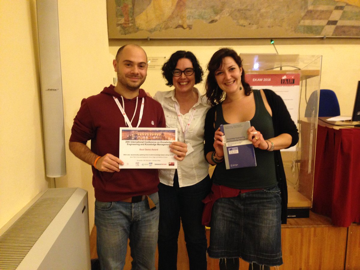 ekaw2016's tweet photo. Best Demo Award to @IlaTiddi, Emanuele Bastianelli, @enridaga, and @mdaquin for DKA-robo #EKAW2016 https://t.co/3pm1ourClQ
