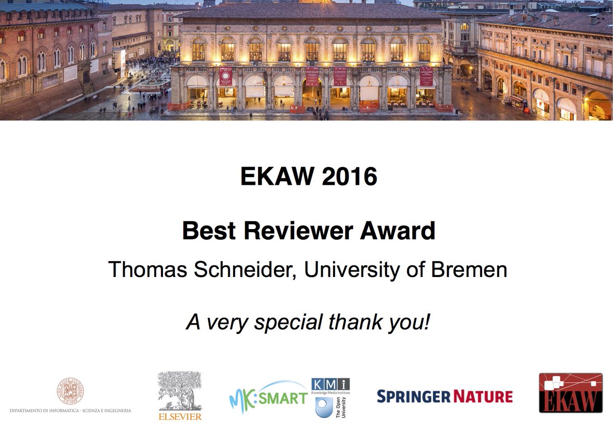 Best Reviewer Award to Thomas Schneider. A very special thank you! #EKAW2016