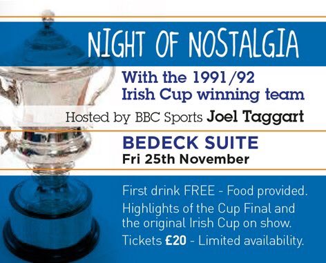 Glenavon_FC's tweet photo. Don't forget our Night of Nostalgia this coming Friday evening along with the winning 91/92 Irish Cup side https://t.co/hTNgHfs3rM