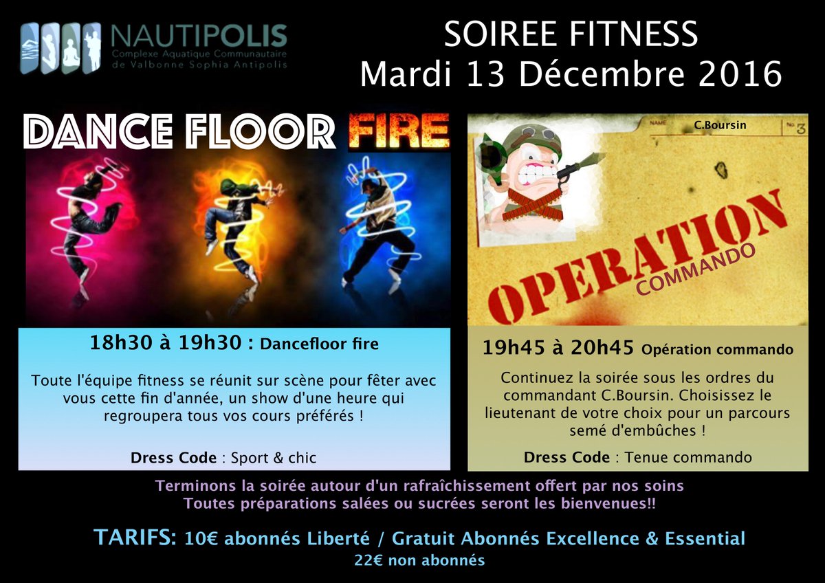 Mardi 13 décembre, le fitness fête la fin de l'année, vos cours remplacés par une soirée spéciale à partir de 18h30! #Dance #commando