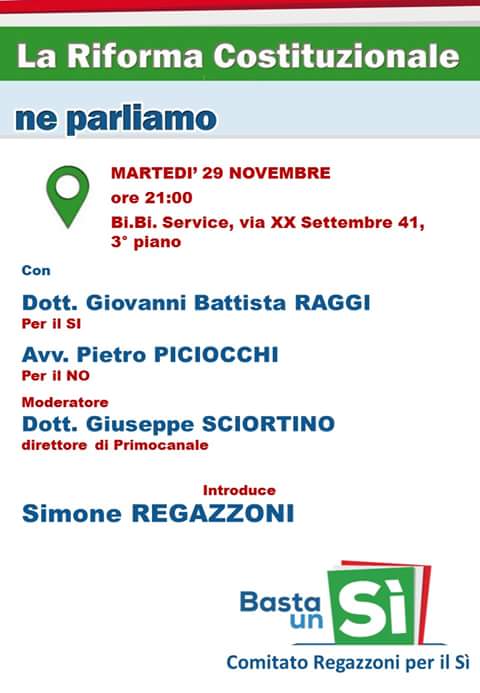 Martedì ore 21 Genova BiBiService parliamo di Referendum <a href="/cinzia_ficco/">Cinzia Ficco</a> <a href="/DavidErmini1/">David Ermini</a> 
#RegazzoniperilSì #bastaunSi