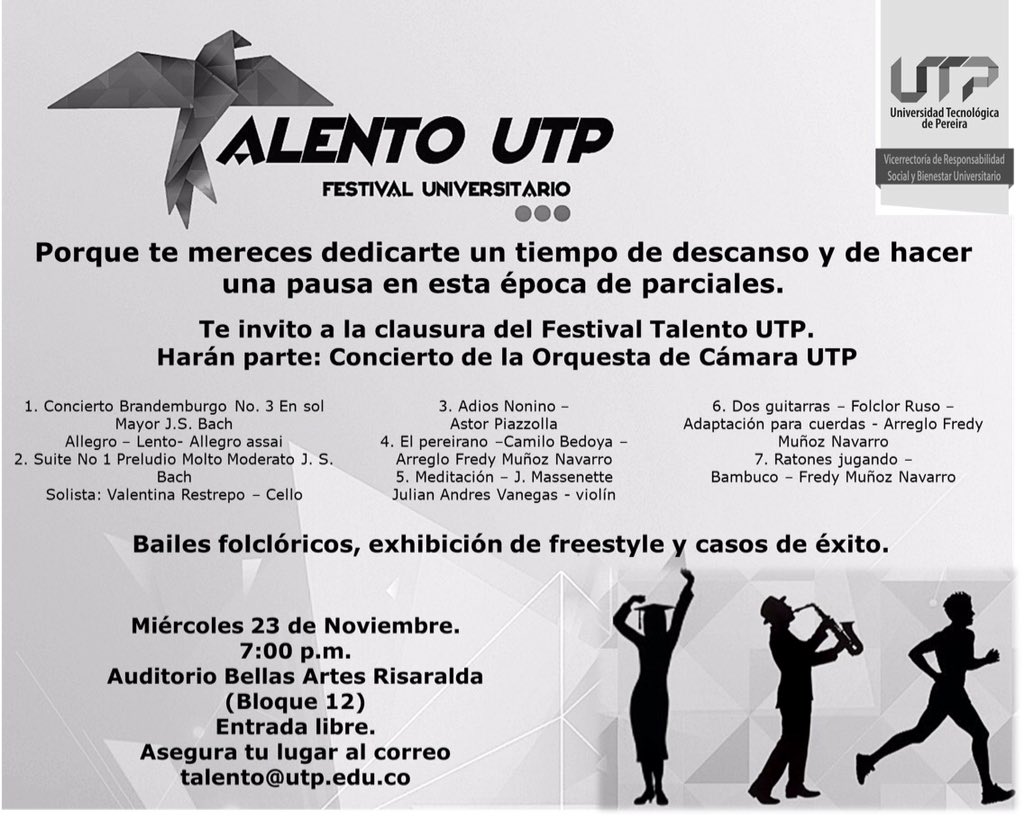 JuanFCuellarQ's tweet photo. ¡Esta noche! En la @UTPereira Clausura del Festival #TalentoUTP Espectacular #concierto con la #orquestadecámara #Bailes #Freestyle #UTP https://t.co/lhQWWPp0Xb