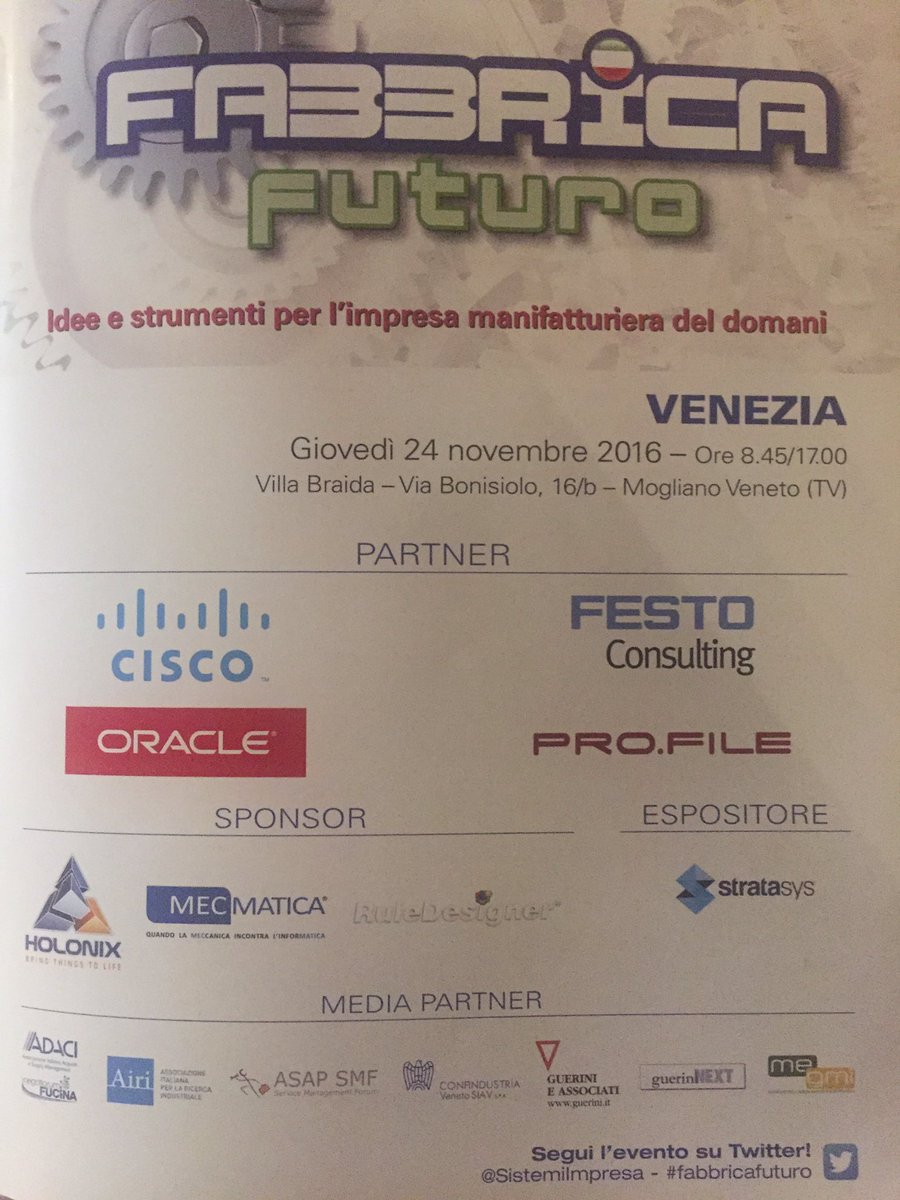 ChiaraLupi1's tweet image. #FabbricaFuturo Venezia #Industria4.0 @CiscoItalia @FestoAG @OracleItalia @HolonixSRL @MecMaticaSrl @RuleDesigner @Stratasys #Pro.File