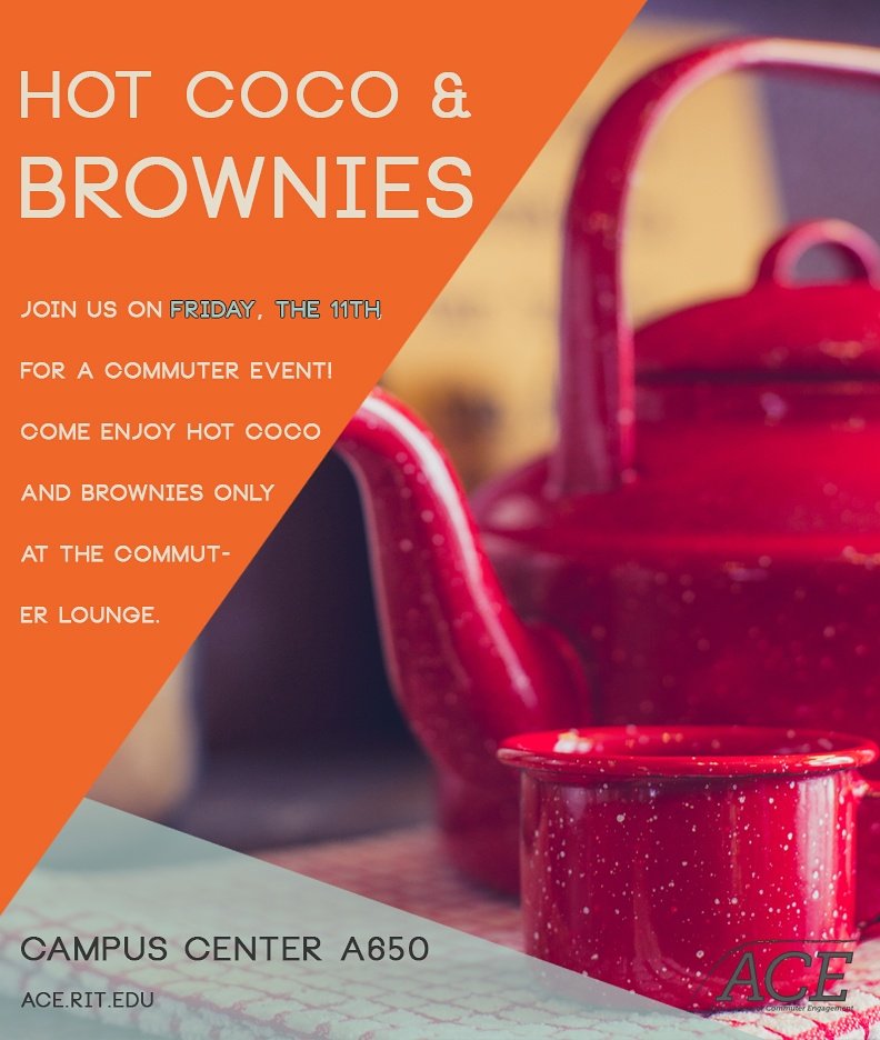 ACE_RIT's tweet photo. Stop by the Commuter Lounge today for some #brownies and #hotchocolate! #ACE #RIT #commuters https://t.co/n8HxNHbp5E
