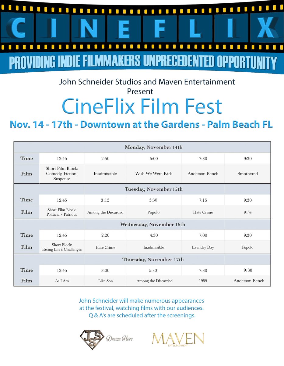 Here's our film schedule for Palm Beach! Our 7th stop on the CineFlix Fest Tour! <a href="/pbpost/">The Palm Beach Post</a> <a href="/John_Schneider/">John Schneider</a>
