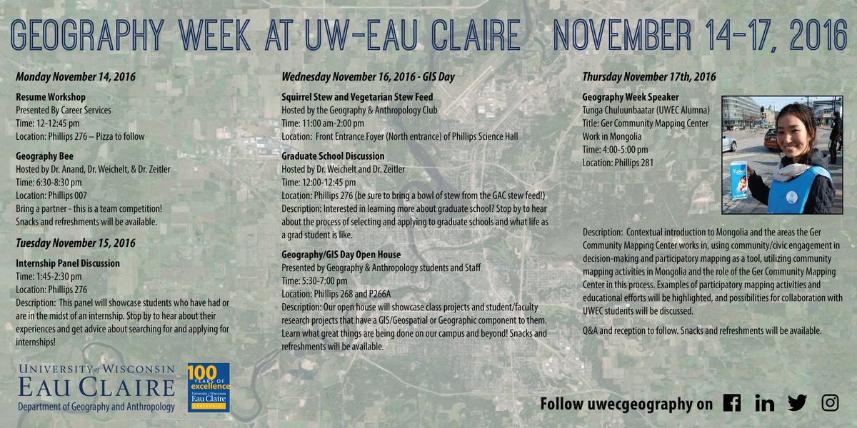 uwecgeography's tweet photo. We are geared up and excited for next week's Geography Week events! @theAAG @gisday @UWEauClaire #geographyawarenessweek https://t.co/mNvppbvd8U
