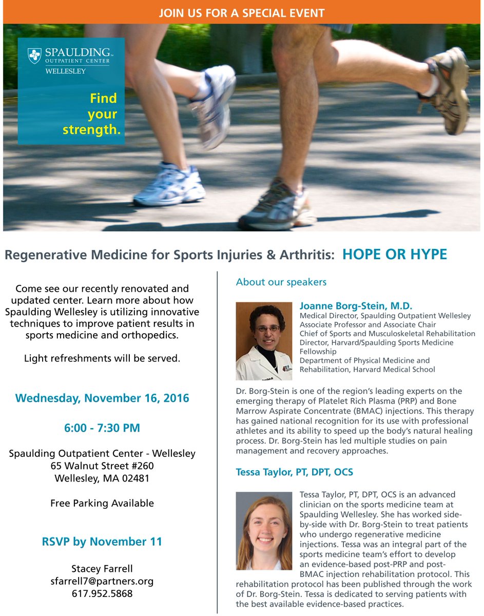 SpauldingRehab's tweet photo. Regenerative Medicine for Sports Injuries and Arthritis: Hope or Hype - Hear experts Dr. Borg-Stein and PT Tessa Taylor 11/16 #SpauldingPMR https://t.co/3zdozsGXOM
