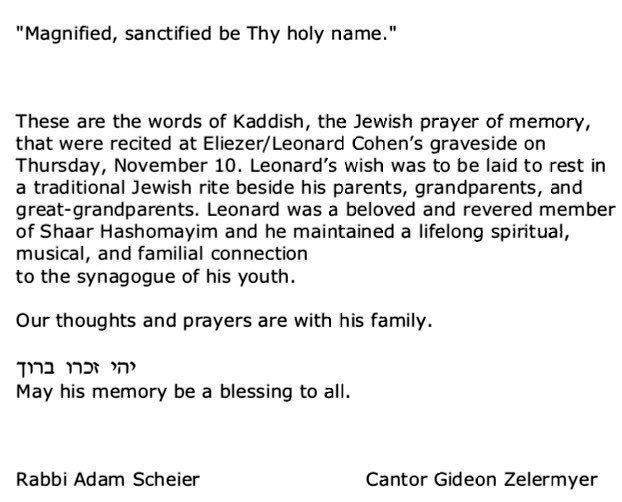 SammyHudes's tweet image. Statement by Congregation Shaar Hashomayim synagogue in Montreal on the passing of Leonard Cohen, where the musician was a member.