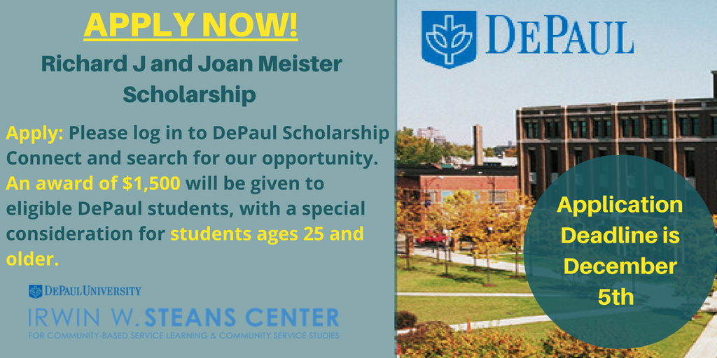 DePaulSteans's tweet photo. Our Meister Scholarship program is now taking applications! Apply before Dec. 5th in order to be considered! #Depaul #Scholarships #Steans https://t.co/tj58h5jTy7