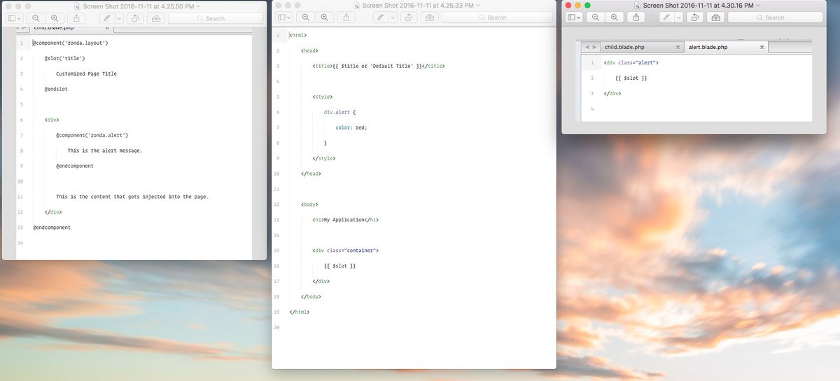 taylorotwell's tweet image. Vue.js style Blade components and slots in Laravel 5.4. Opens up pretty rad possibilities. 🤘