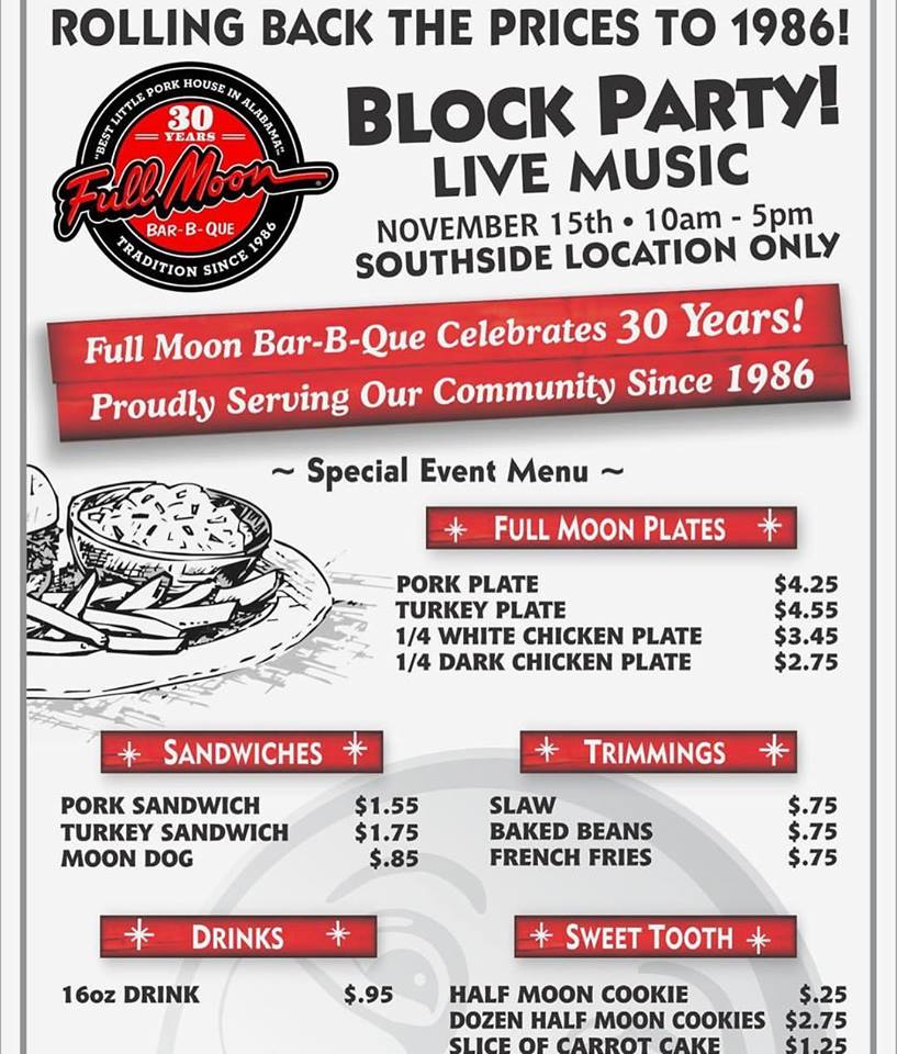 FullMoonBBQ's tweet photo. @BESTIESdoBHAM Where can you get a #PorkSandwich for $1.55 and #MoonDog for $.85? Next Tuesday at @FullMoonBBQ  Southside! #BBQBlockParty https://t.co/N9V0zfmWcE