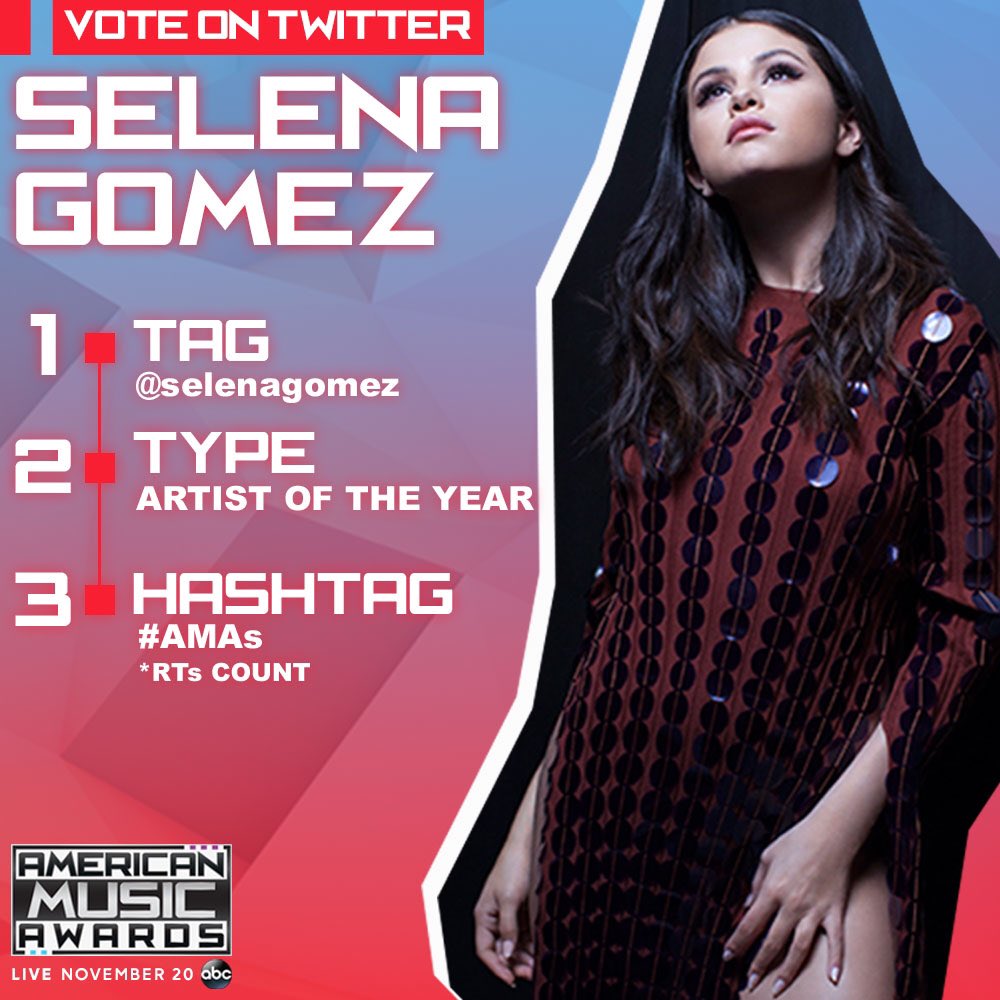SelenaFanClub's tweet photo. SO sick of that same old love, but not of voting for Sel! @selenagomez for Artist Of The Year at the #AMAs https://t.co/0UphbeVx2s