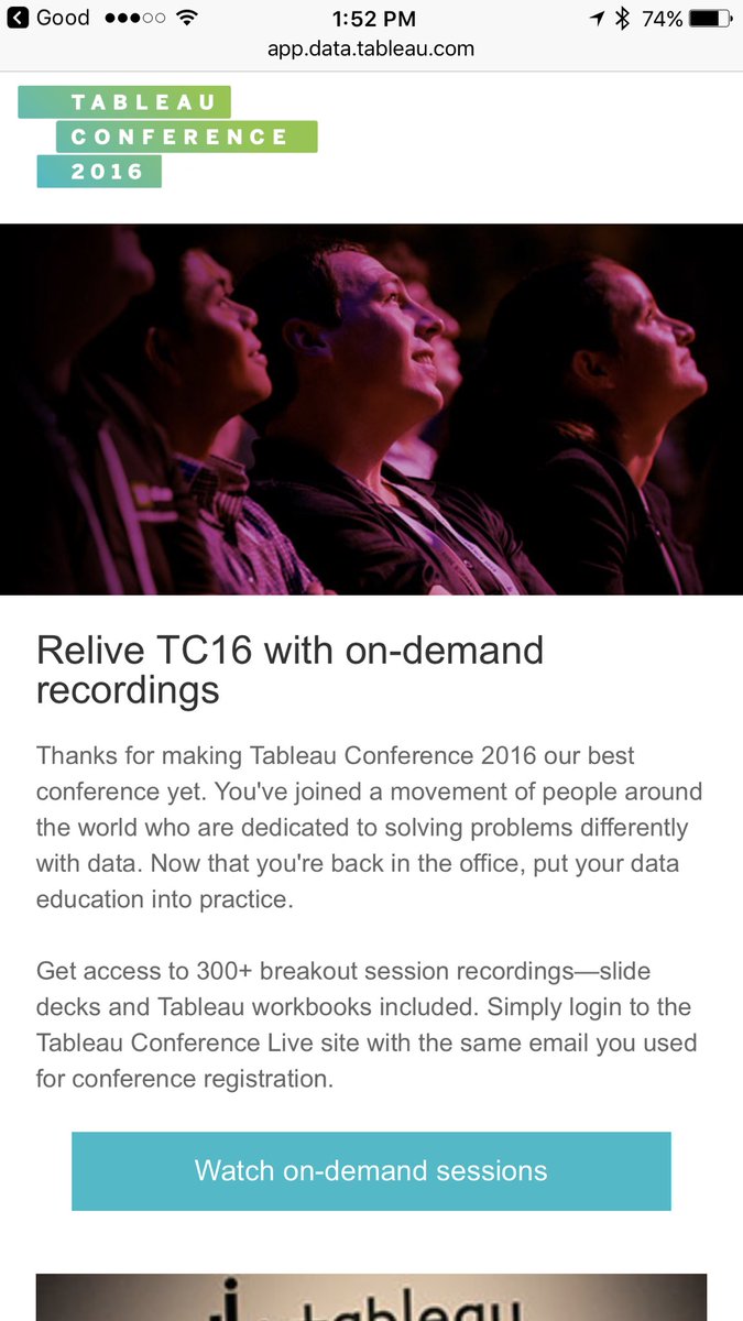 AnnUJackson's tweet photo. Just as my #data16 buzz was wearing down... got this email: sessions are now available online!  First up, #VisualizeTime with @acotgreave https://t.co/9igsUs0N42