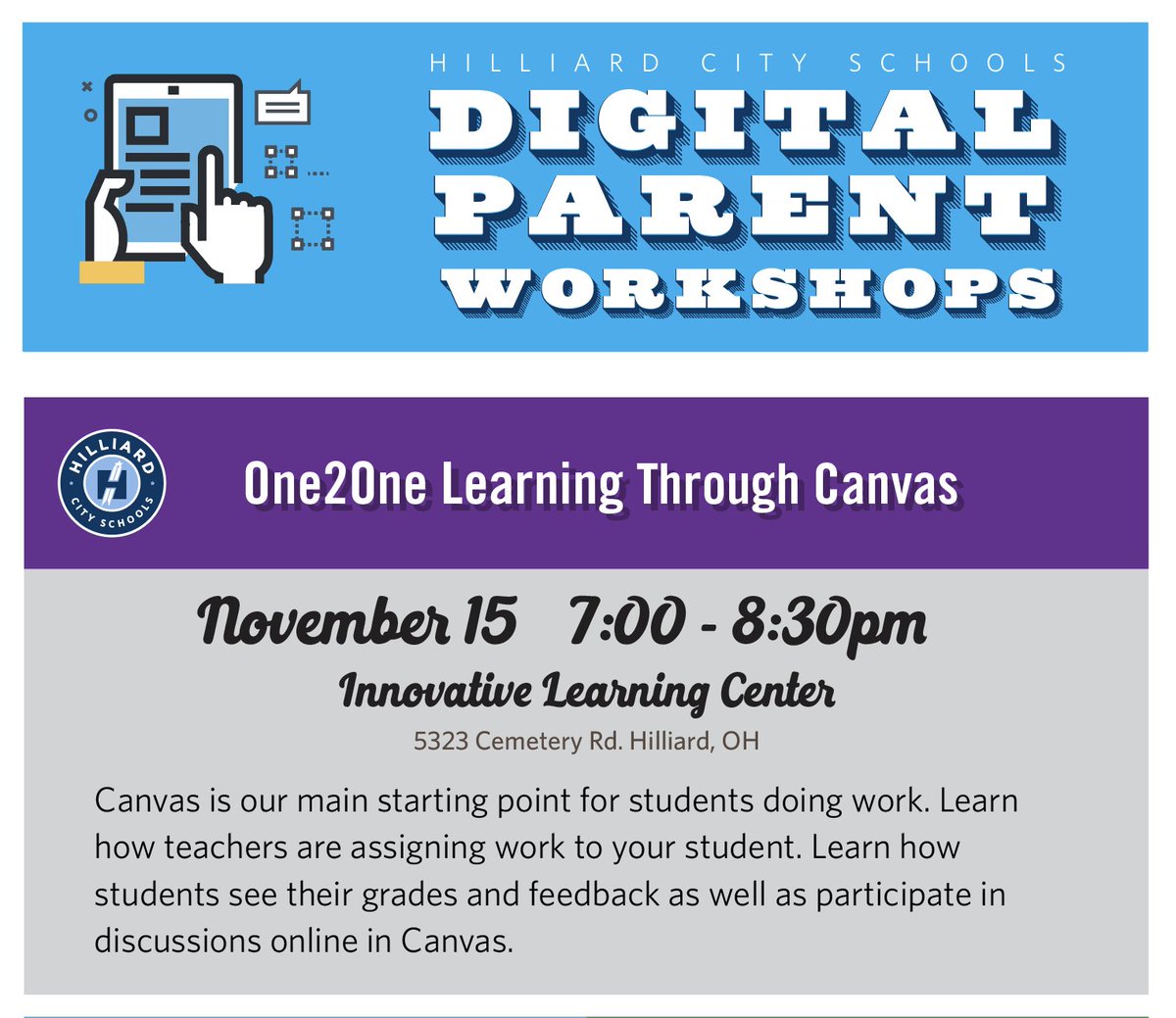 boettnerri's tweet photo. Hilliard Parents- Want to know what students are doing on Canvas? Learn more about Canvas &amp; how to help Tues, Nov 15, 7PM at the ILC. https://t.co/5BbK7L7rNo