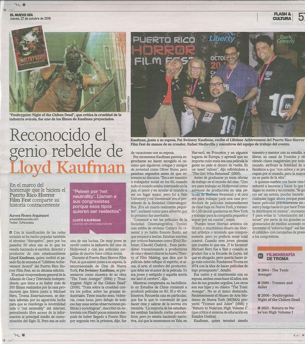 El_Lloydo's tweet photo. Muchas gracias desde Tromaville a Aurora Rivera @TuPeriodista por su artículo sobre @lloydkaufman y @Troma_Team en el @PRHFF https://t.co/jnbwOpMUqj