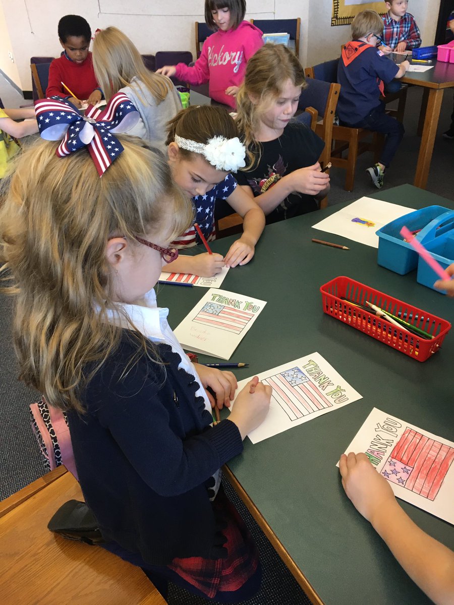 Hickory students make THANK YOU cards before their special guests join them for the Veterans Day luncheon. #ThankAVeteran