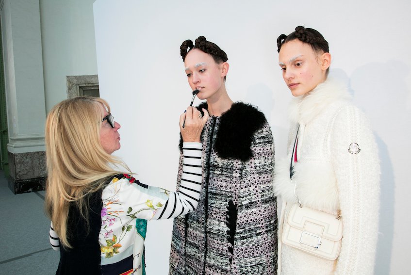 The amazing @TheValGarland creating the nordic beauty look at the Moncler Gamme Rouge show for fall/winter 2016! She's incredible!!