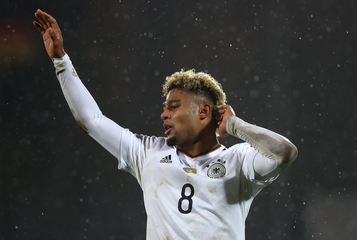 DFB_Team_EN's tweet photo. .@SergeGnabry is the first Germany debutant to score a hat-trick since Dieter Müller in 1976! ⚽️⚽️⚽️ #SMRGER https://t.co/5FmARjsKJQ