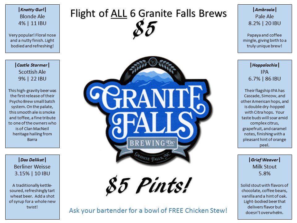 TOMORROW! Granite Falls Brewing Tap Takeover with FREE Chicken Stew!  Check out the lineup and come try some great beer! <a href="/gfbrewery/">Granite Falls Brew</a>