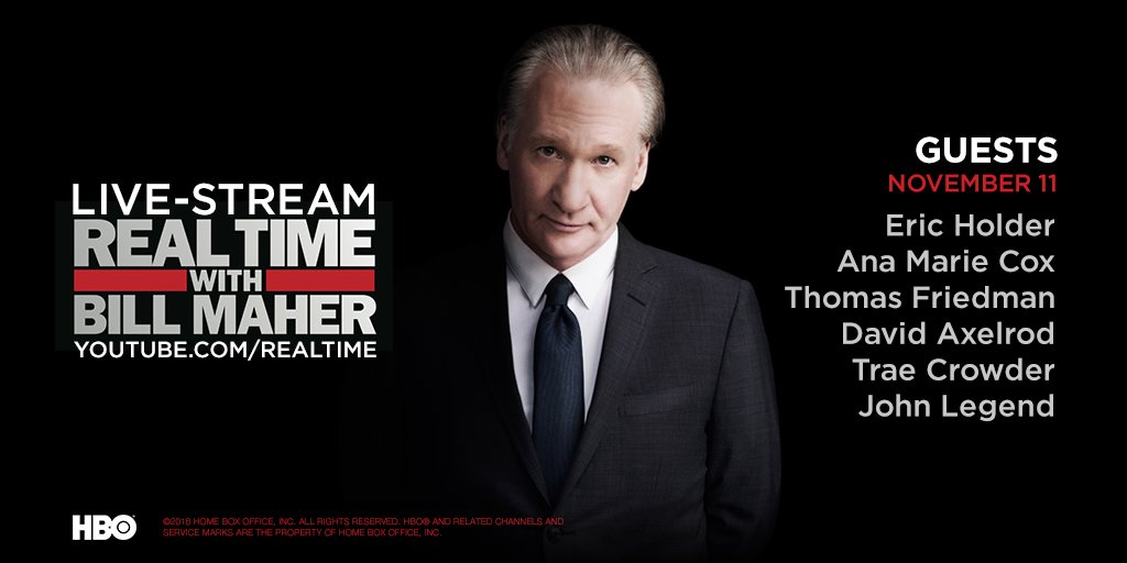 RealTimers's tweet photo. ANNOUNCEMENT: Tonight's #RealTime season finale will air LIVE on @HBO and @YouTube! Could this week get any better?! Oh, right... https://t.co/9pLP7UOqdj