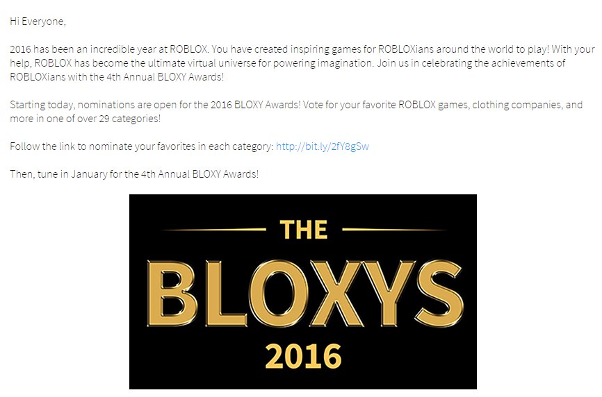 Roblox Bloxy Awards 2016 - nominations for the 6th annual bloxy awards are open roblox blog