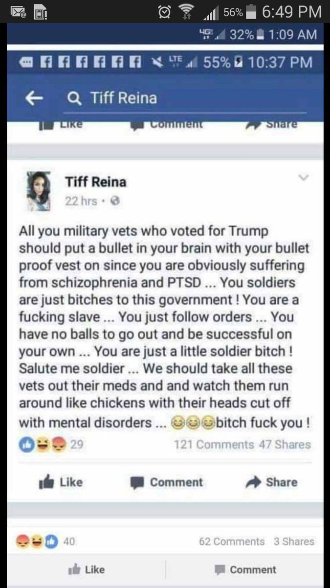 Average__Man's tweet photo. @lenadunham And you are worried about Trump supporters being filled with hateful vitriol. This is on y'all. And on goddamn veteran's day. https://t.co/p9dKk217FH