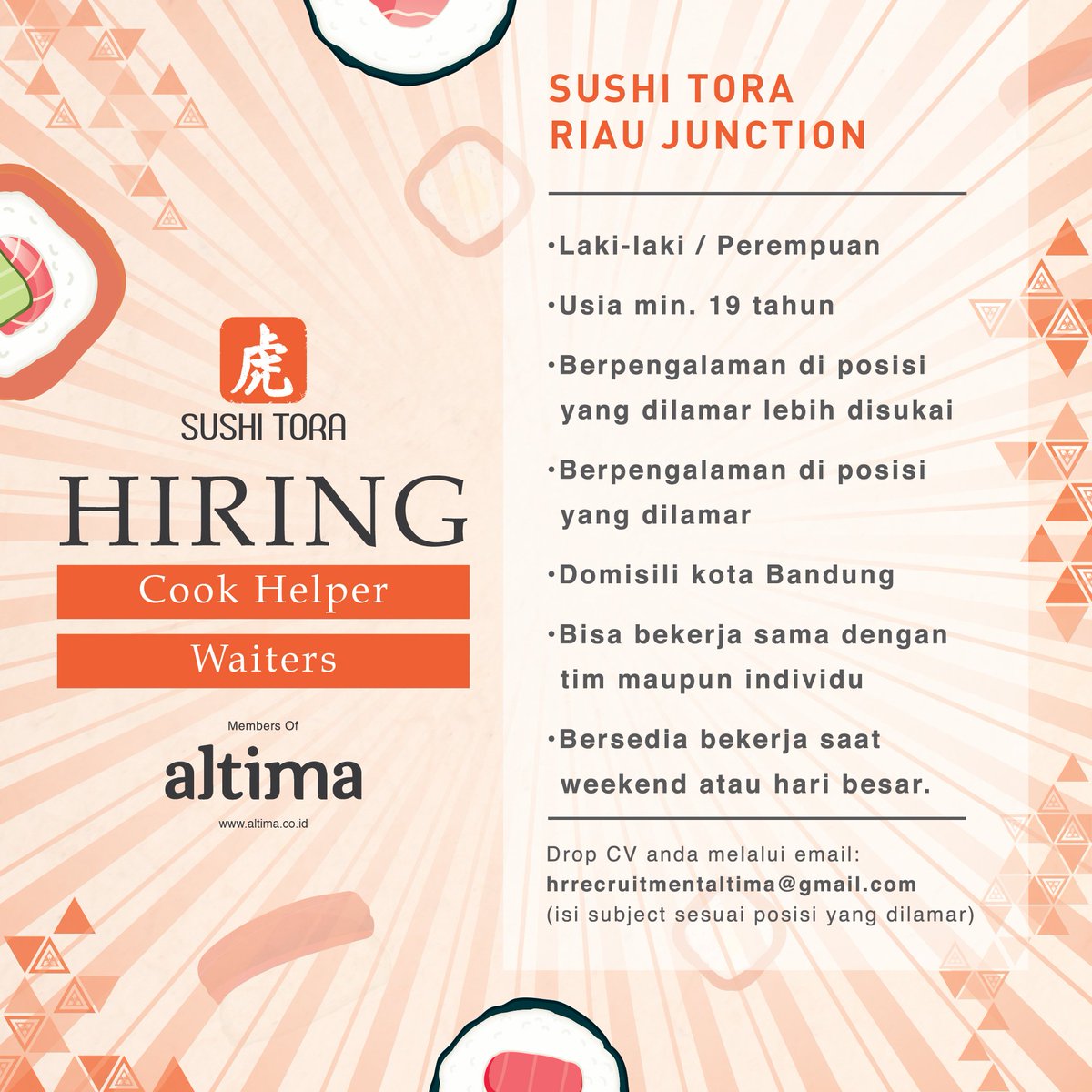 Join with Sushi Tora! #infoBDG #infoloker #infolokerbandung #lokerbdg #lokerjabar #loker Cc. <a href="/infobdg/">BANDUNG ᮘᮔ᮪ᮓᮥᮀ</a> <a href="/LokerBdg/">Lowongan Kerja Bdg</a>