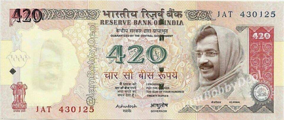TarekFatah's tweet photo. This is the new Indian currency Rs. 420/- note launched just for the residents of Delhi. https://t.co/reJR9oCDKz