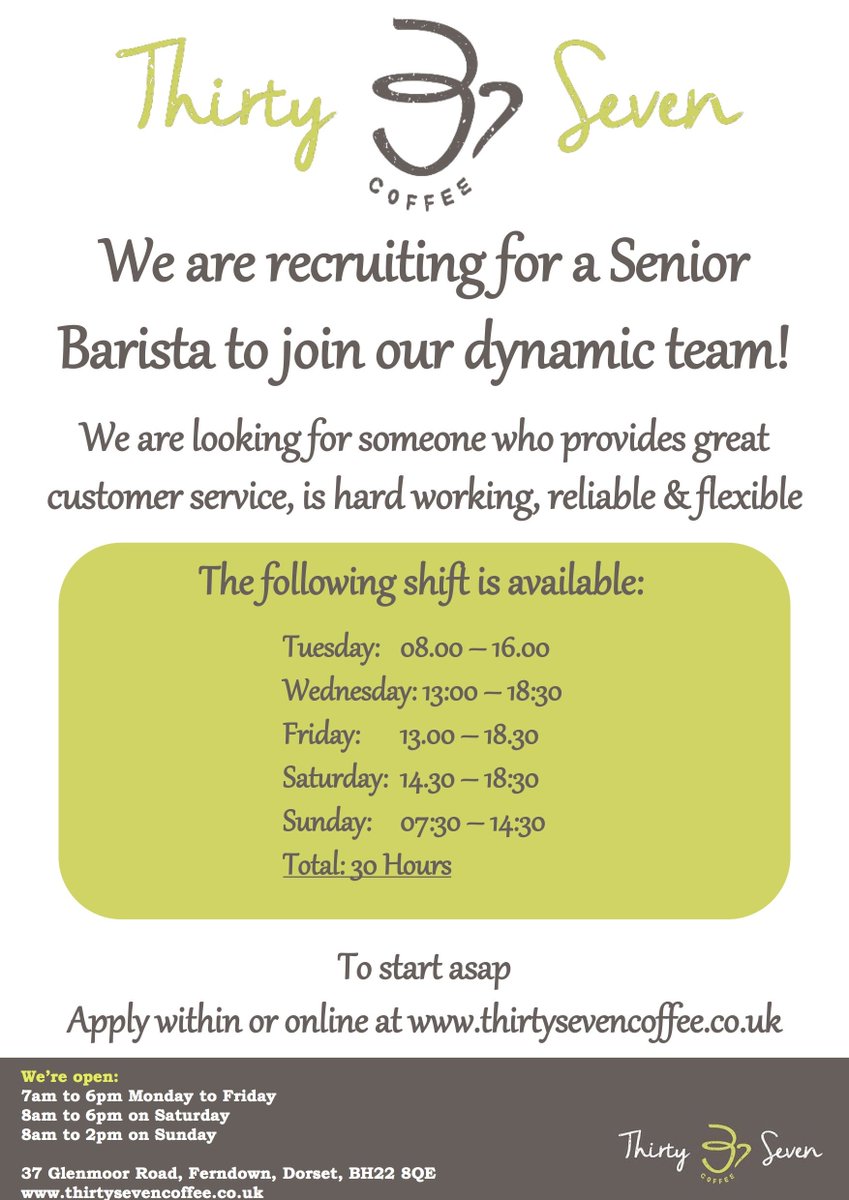ThirtySevenCoffee (@37coffeeshop) on Twitter photo Interested in working at Thirty Seven as a Snr Barista? Apply via the Jobs page of our website, or email CV to info@thirtysevencoffee.co.uk Interested in working at Thirty Seven as a Snr Barista? Apply via the Jobs page of our website, or email CV to info@thirtysevencoffee.co.uk