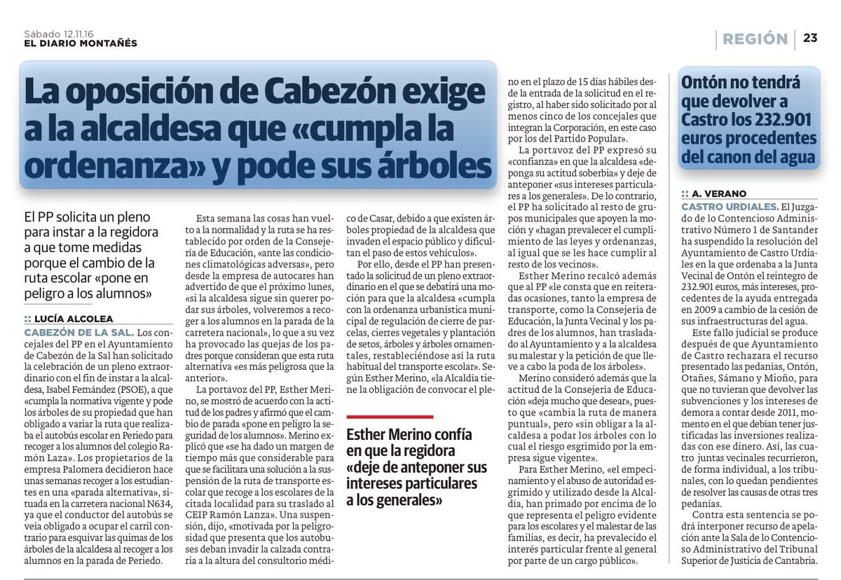 La oposición de <a href="/aytocabezon/">Cabezón de la Sal</a> exige a la alcaldesa que " cumpla la ordenanza " y pode sus árboles #CasardePeriedo #CabezondelaSal