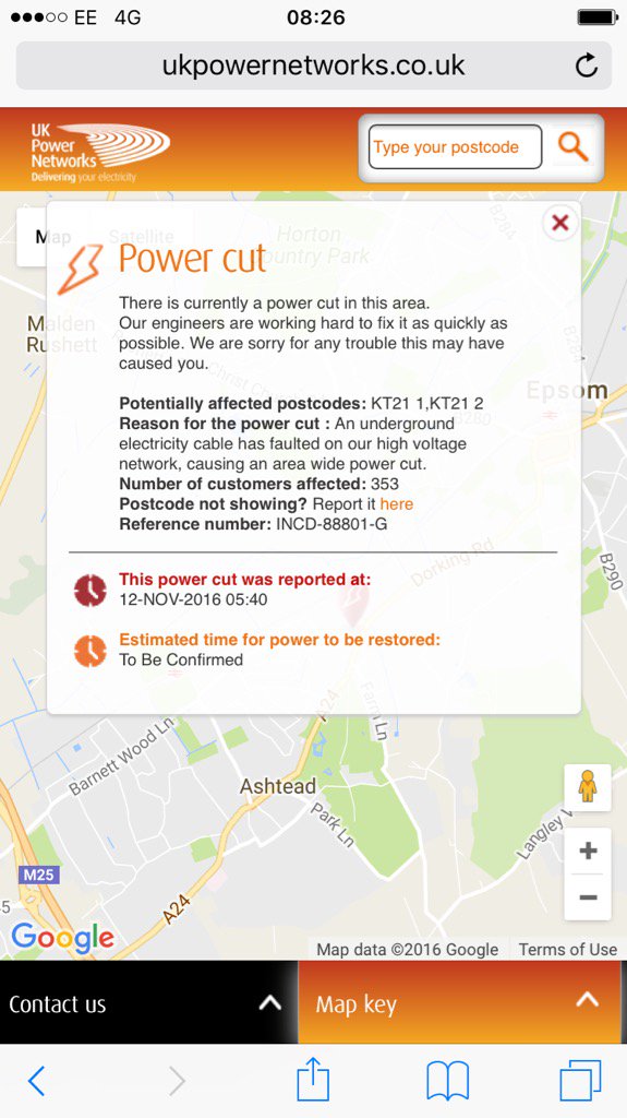 Little clue as to when power will be restored in <a href="/AshteadSurrey/">Ashtead, Surrey</a> . Over 350 homes affected since 0540. <a href="/livingkt22/">Leatherhead Living</a>