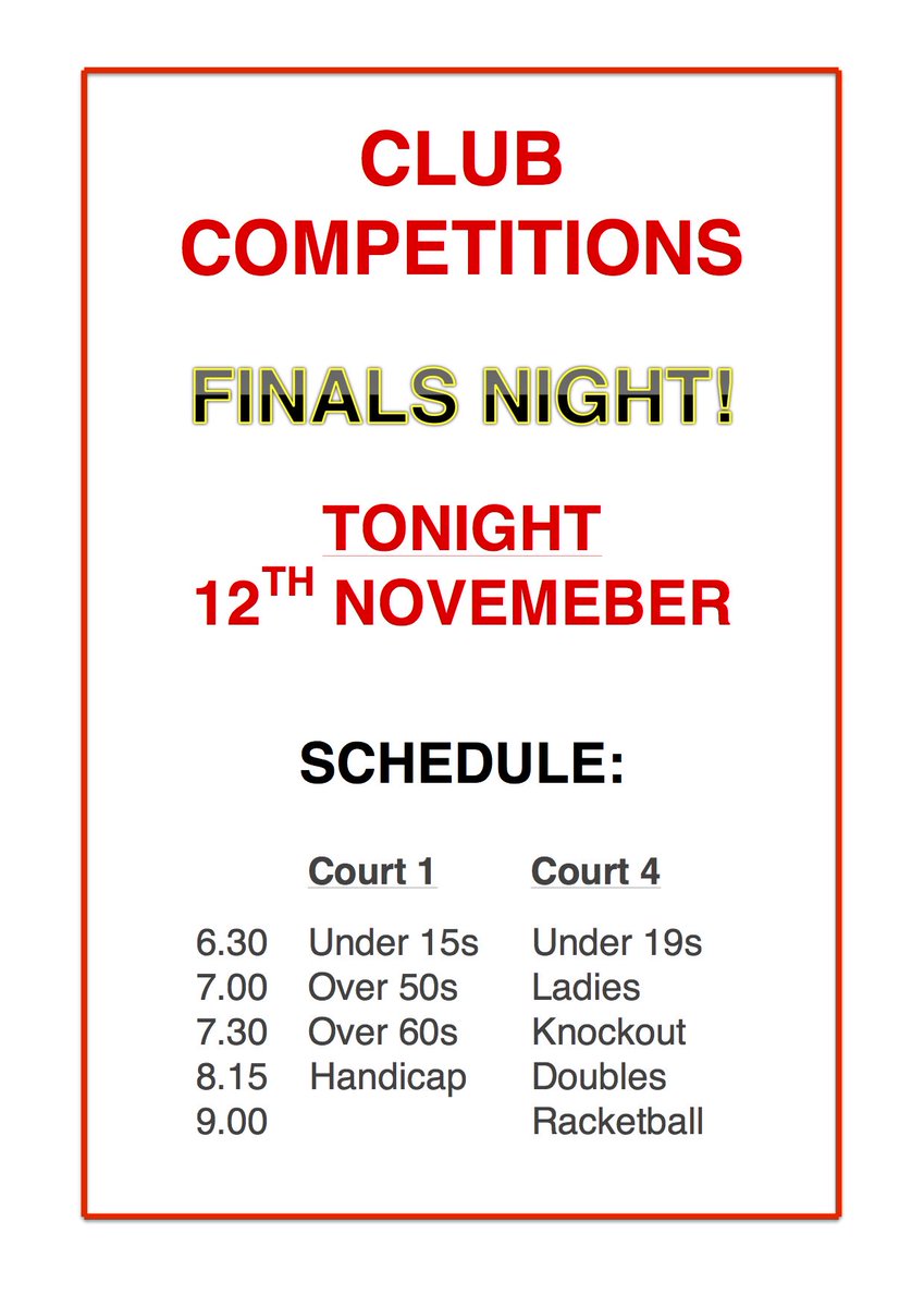 hinckleysquash's tweet photo. Come and support your fellow club members at TONIGHTS Finals Night. There will be some great squash and racketball to watch!!!!! https://t.co/r7ONVFROlW