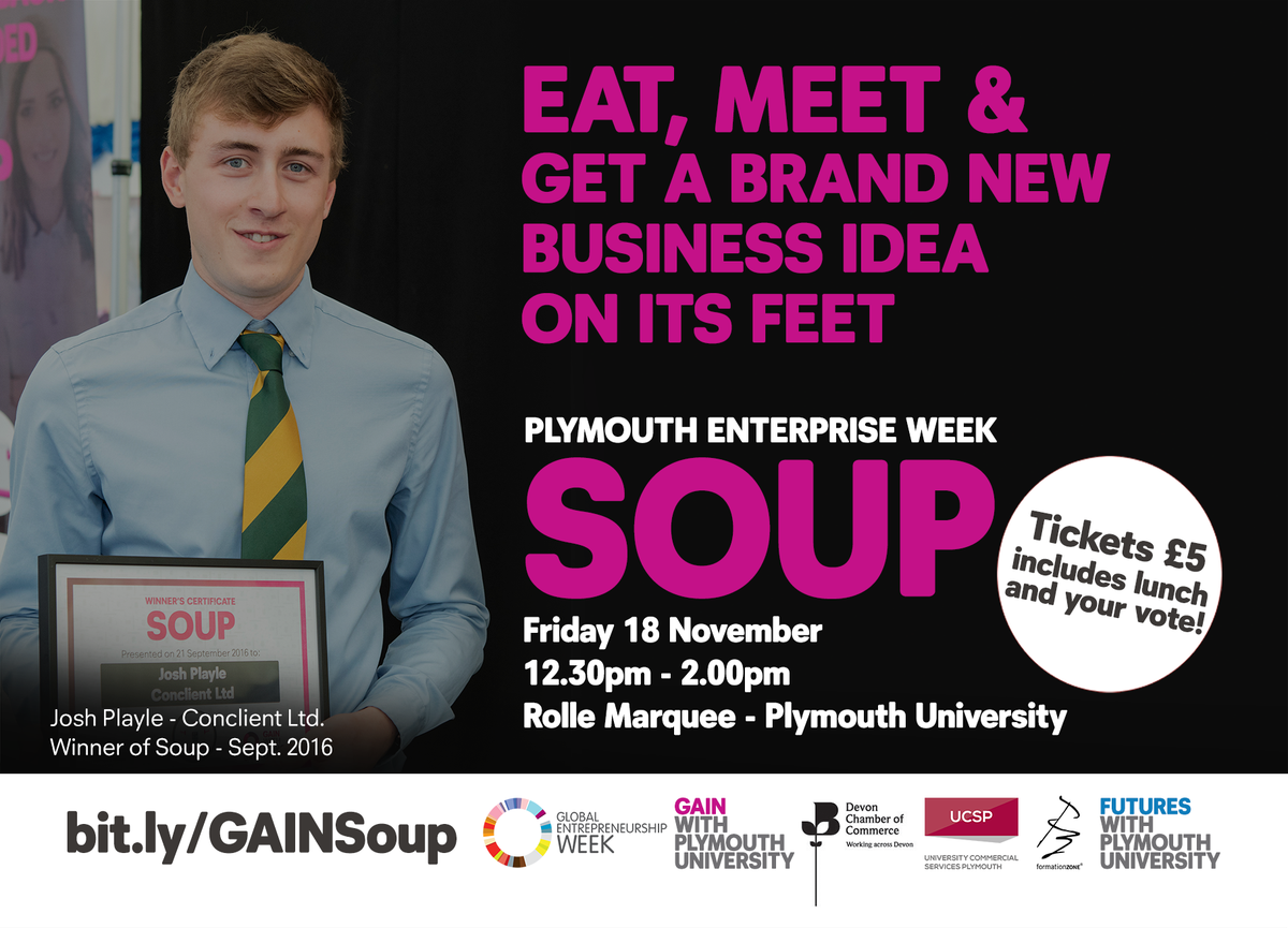 Enjoy Soup &amp; student pitches this Friday! bit.ly/GAINSoup #GAINSoup #PEW2016 <a href="/PlymUni/">University of Plymouth</a>