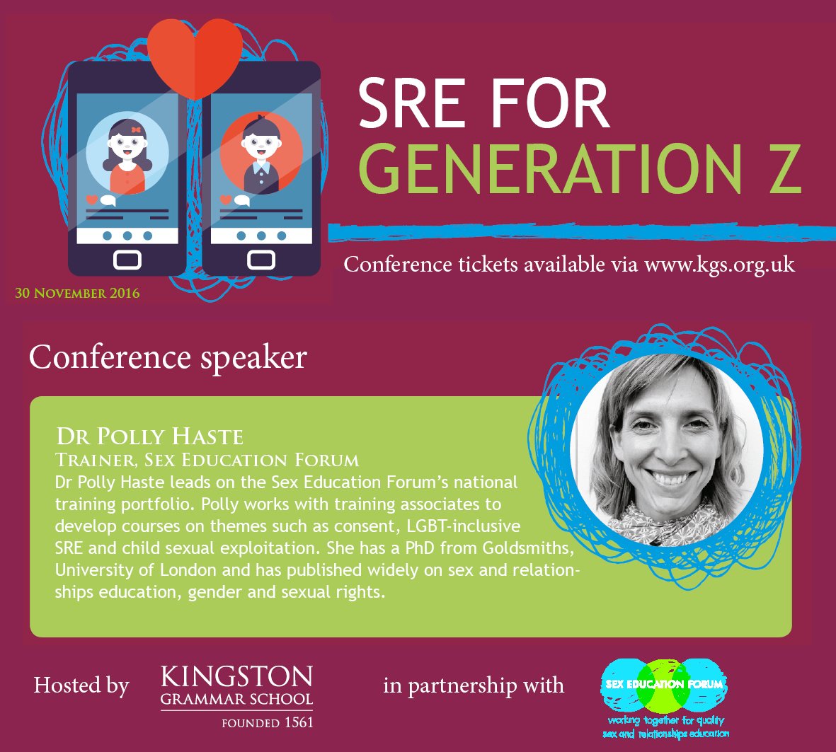 KGS1561's tweet image. We&apos;re delighted to announce Dr Polly Haste from @sex_ed_forum will also be speaking at our #SREConference, 30 Nov kgs.org.uk/events/sre-for…