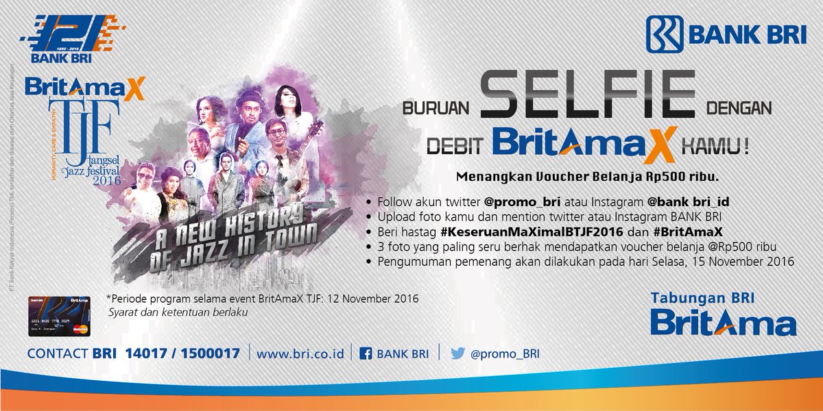 promo_BRI's tweet photo. Sambil seru-seruan di Tangsel Jazz Festival 2016, selfie dengan kartu debit BritAmaX-mu yuk! Info lbh lnjt baca S&amp;K-nya dulu ya #sahabatBRI https://t.co/tIN7qXaqet