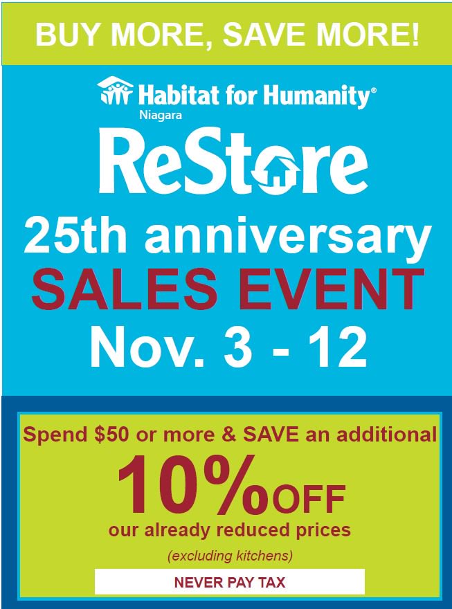 HabitatNiagara's tweet photo. Today is the last day to save 10% on purchases $50 or more at our ReStores! Don’t miss out! #ReStore25 https://t.co/gu6cyPD4w4