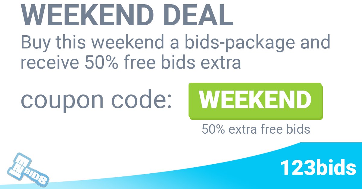 Weekend Deal: Double half of your bids. Add coupon WEEKEND and receive 50% free bids when purchasing a bids-package goo.gl/mQv0KH