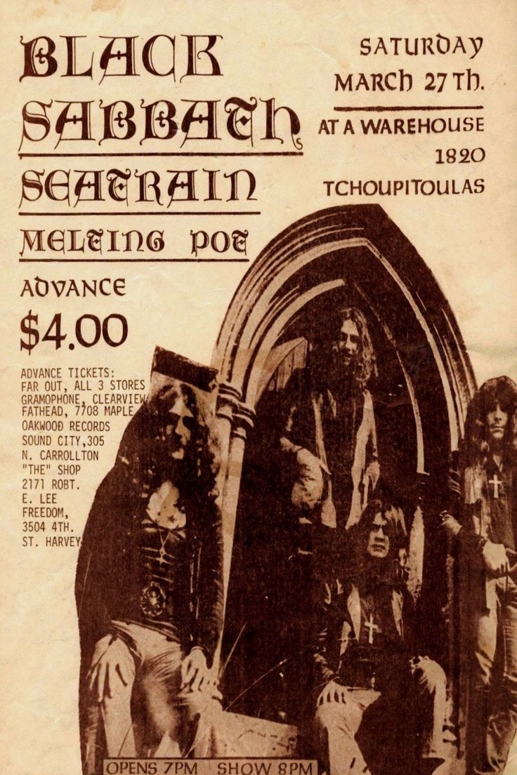Seedy_Rock's tweet photo. Black Sabbath with Seatrain and Melting Pot, "at a warehouse" (they meant at The Warehouse), New Orleans, March 27, 1971. https://t.co/CiX17OtDbF