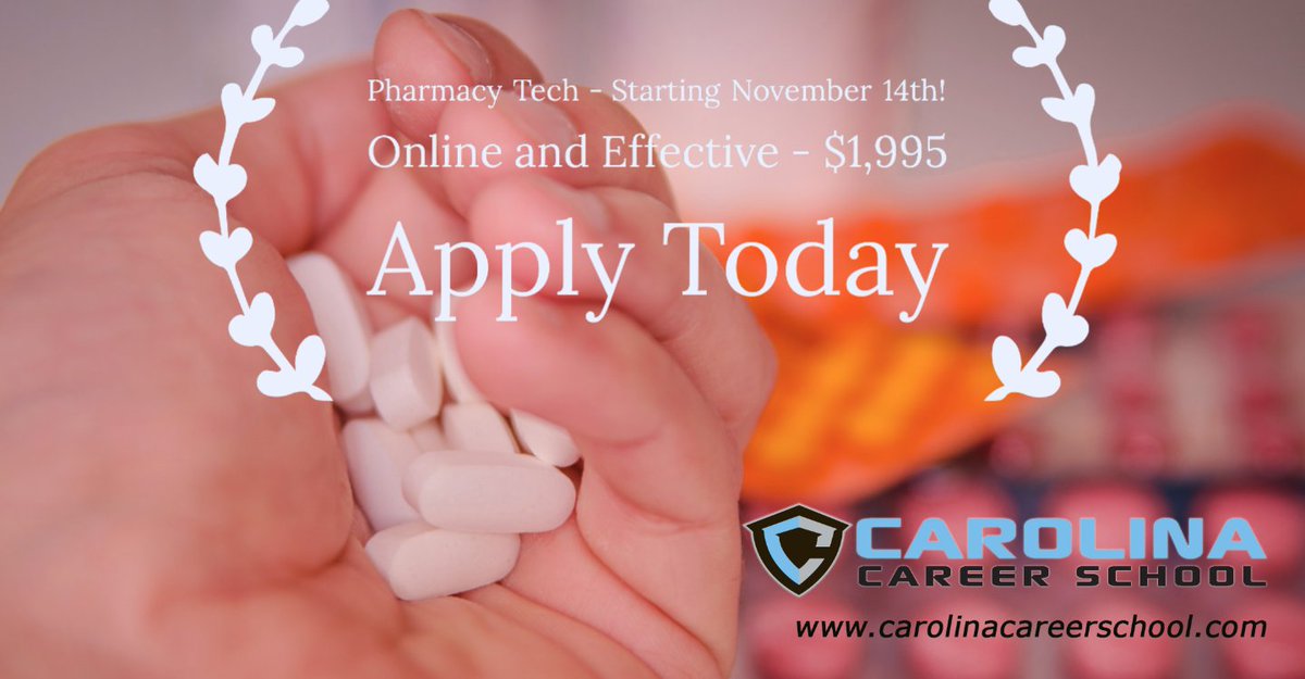 Limited Space Available - New Class Starting on Monday (November 14).

Pharmacy Technician - $1,995

carolinacareerschool.com/enroll