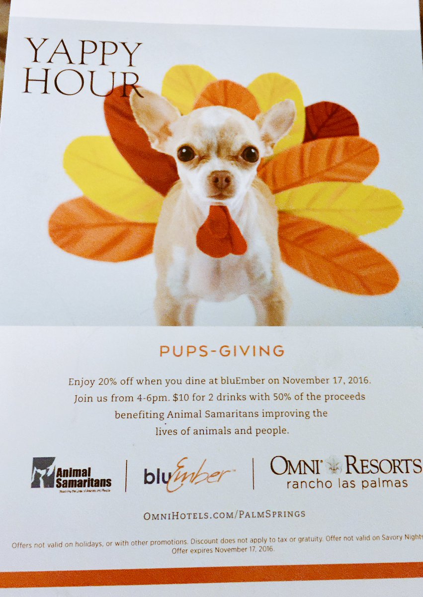 Jillsfoodtravel's tweet photo. Tonight Give Back to @AnimalSamaritians @OmniRanchoLP when you buy 2 drinks at Happy/Yappy Hour #BluEmber for $10 @VisitGPS #coachellavalley https://t.co/pshIgBo3yr