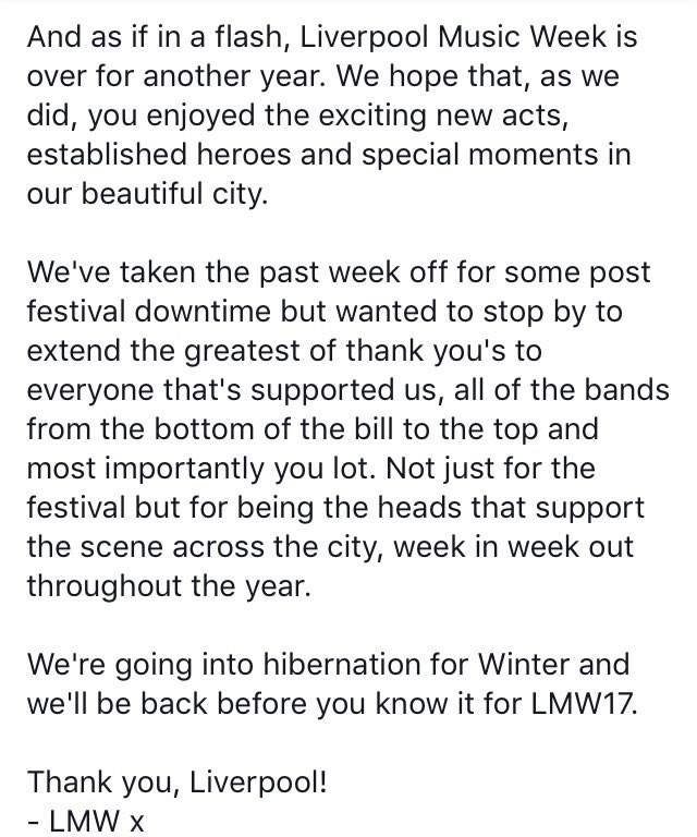 LivMusicWeek's tweet photo. Our heartfelt thanks to all of you, see you in 2017, Liverpool! 📷 by the @GetintothisHQ team. https://t.co/tXhPljfyHe