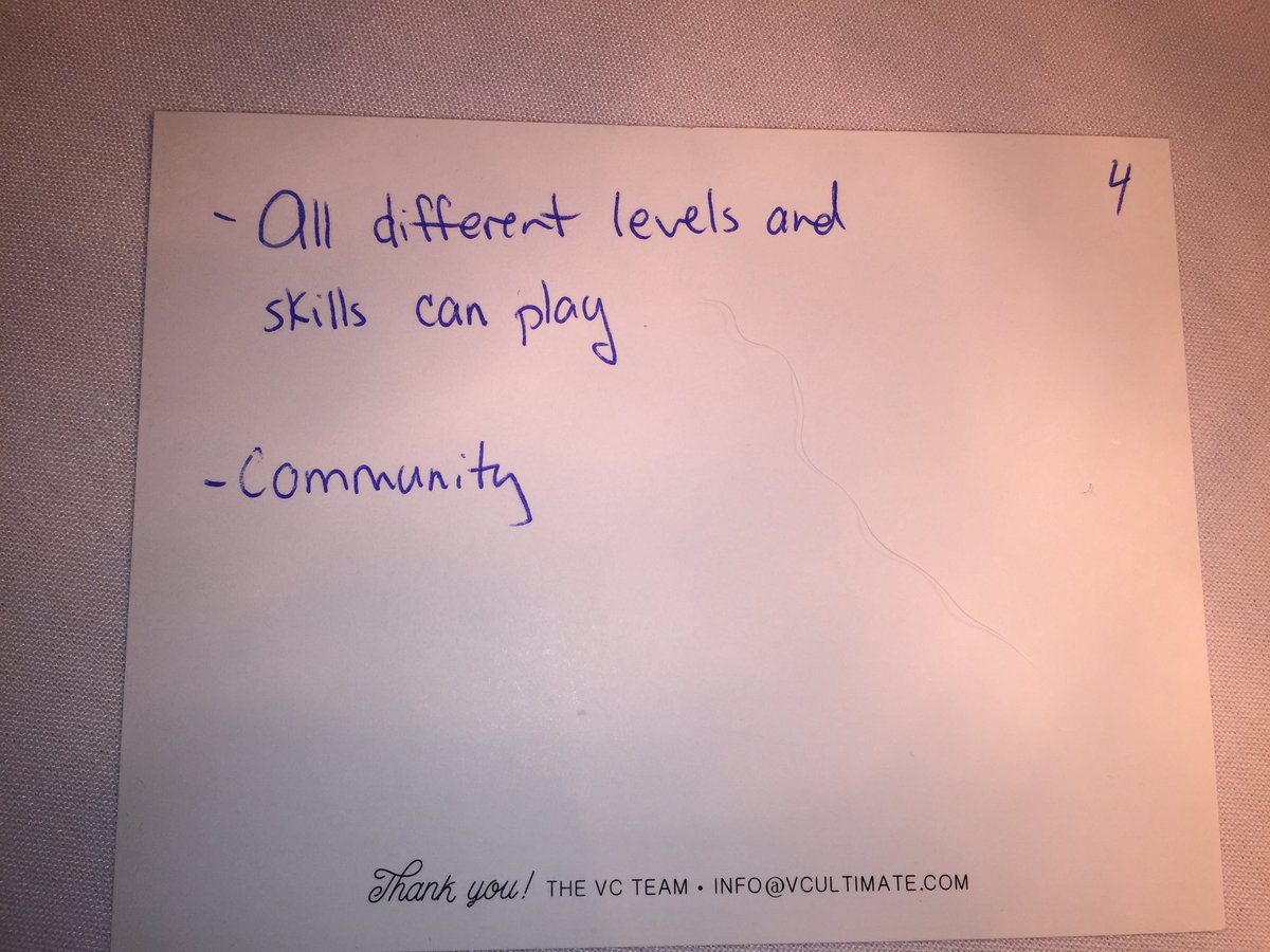 vcultimate's tweet photo. More positive messages about ultimate from #ucc2016 participants #UltimateGoingHigh @UltimateCanada https://t.co/WcUxBtAzeK