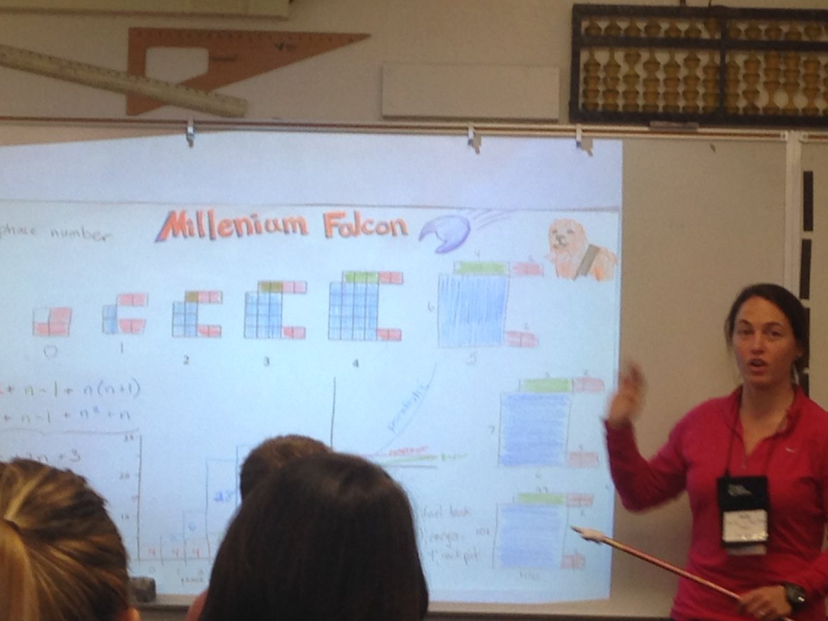 MsVanhala's tweet photo. Love these people. Millennium Falcon math. How does the shape grow and how can that be represented mathematically? #kstf2016 #chewie https://t.co/t36nQaCzWa